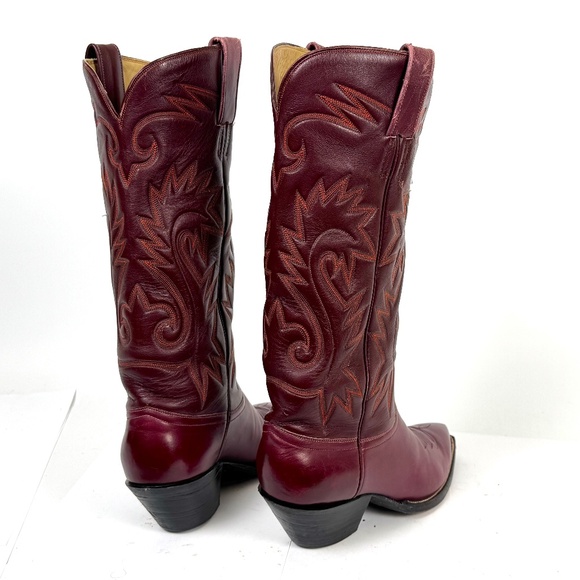 Handmade Austin-Hall Cowboy Boots - Wmns Sz 9B - Burgundy 14" Tall Pointy Toe - Picture 7 of 16